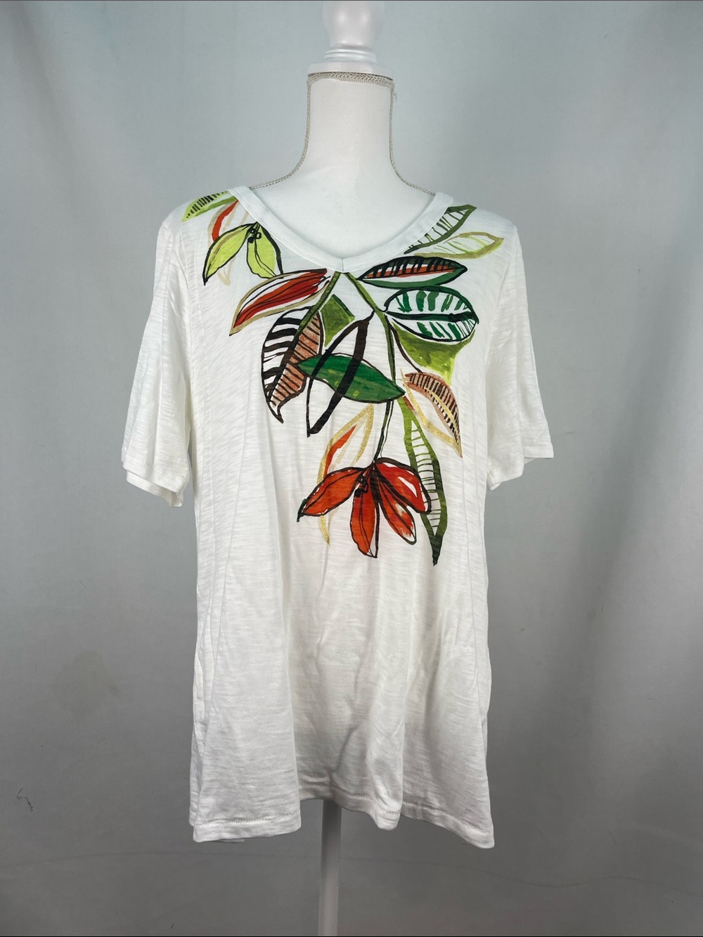Chico's Women's Cotton Slub V-Neck Floral Elbow Sleeve Tee NWT Size 2 Large